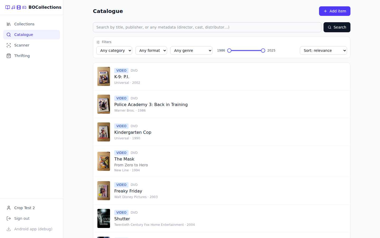 Catalogue filters — category, format, genre and year range, built from real catalogue data