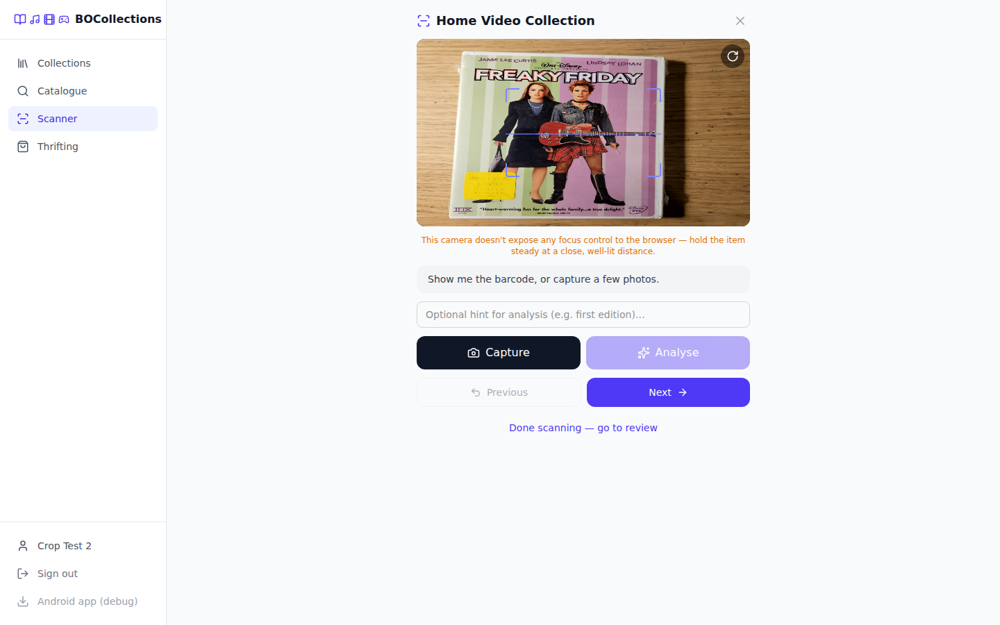 Bulk scan capture — live camera preview with multi-angle capture, Analyse and Next