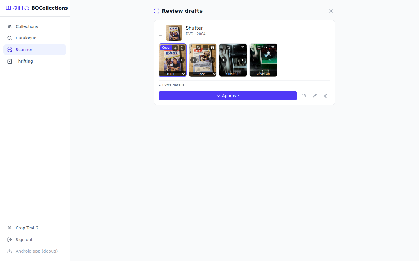 Draft review — one card per scanned item with cover, photo gallery and match confidence