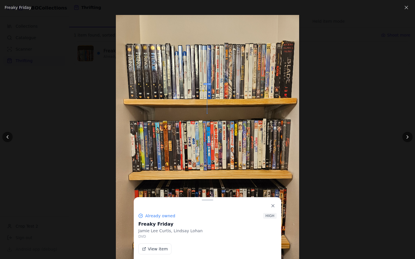 Sighting detail — an arrow points at exactly where the item was spotted in the shelf photo