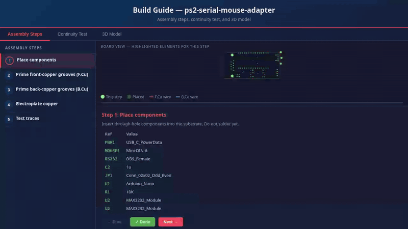 kicad2print unified build guide — assembly steps, interactive continuity test, and 3D preview