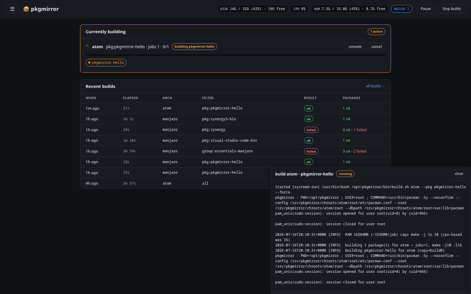 Live build — currently-building panel with progress bar and streaming console