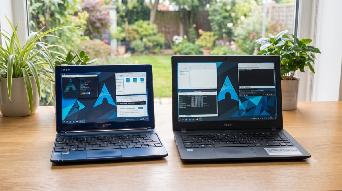 The Acer Aspire One and its successor, the Acer Aspire 725, side by side on a desk