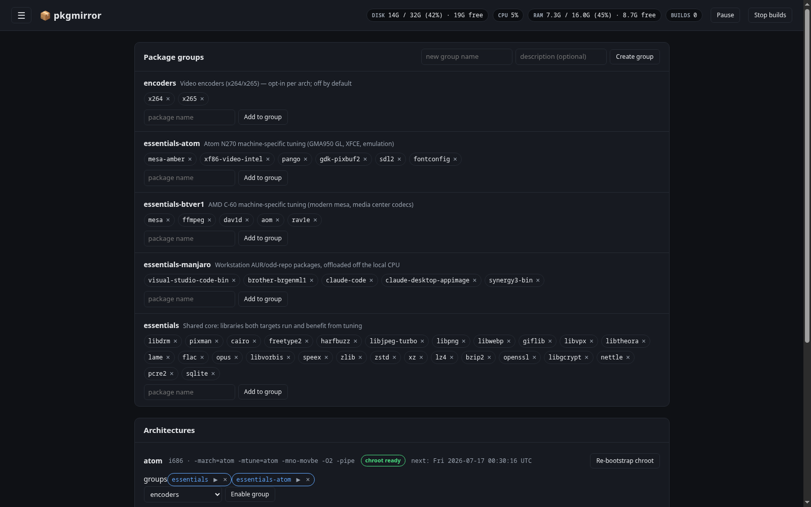 Settings — package groups and per-arch enabled groups + chroot status