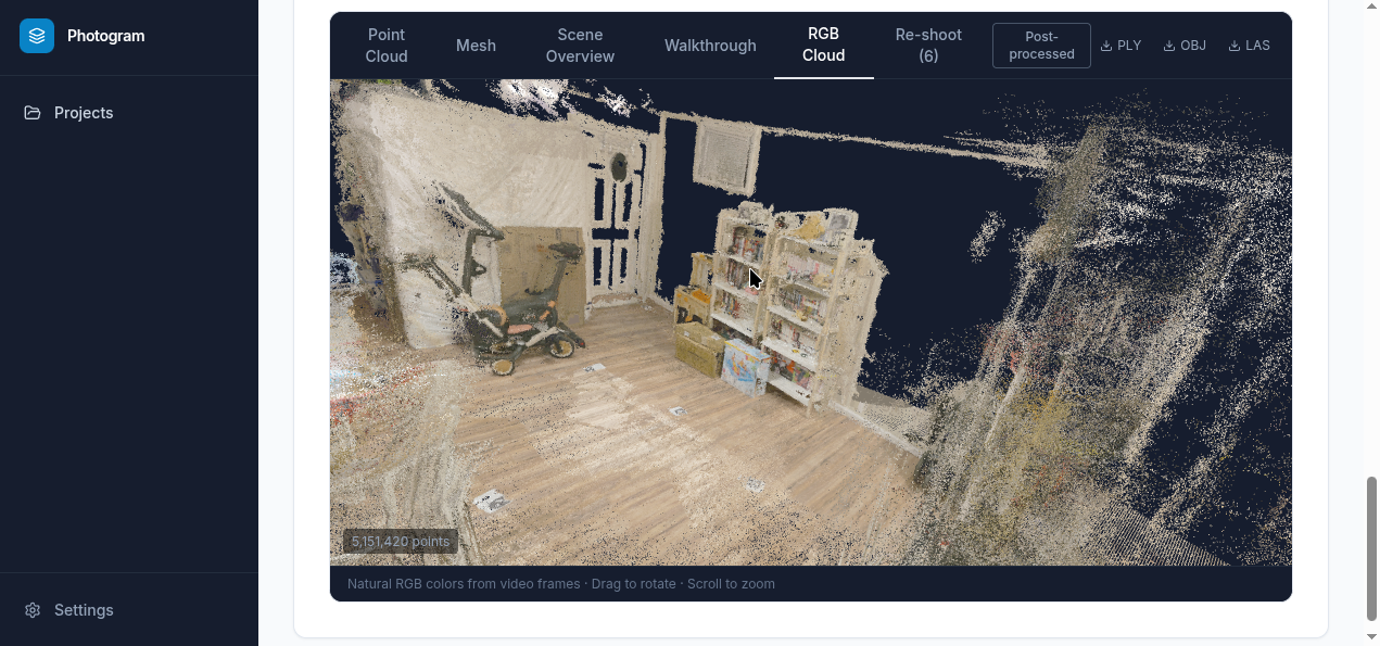 RGB point cloud — colourised from extracted frames
